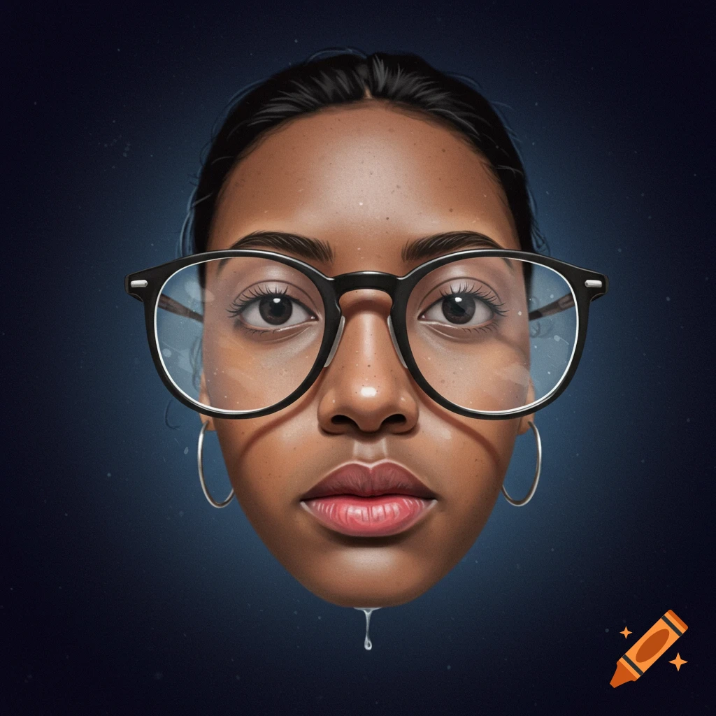 Close-up of a woman with dark hair wearing glasses and water droplets.