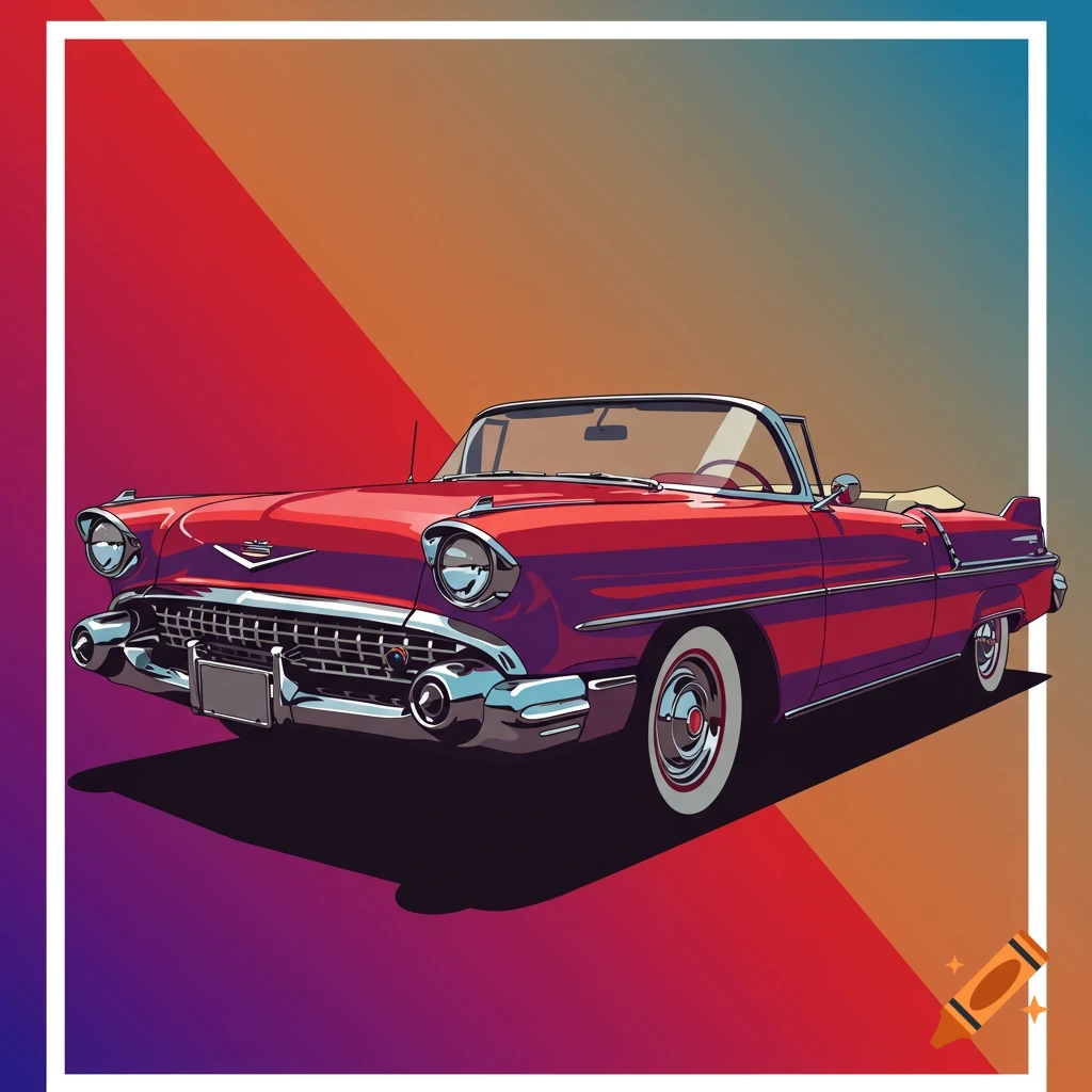 A red classic car vector graphic on a colorful background with a white border.
