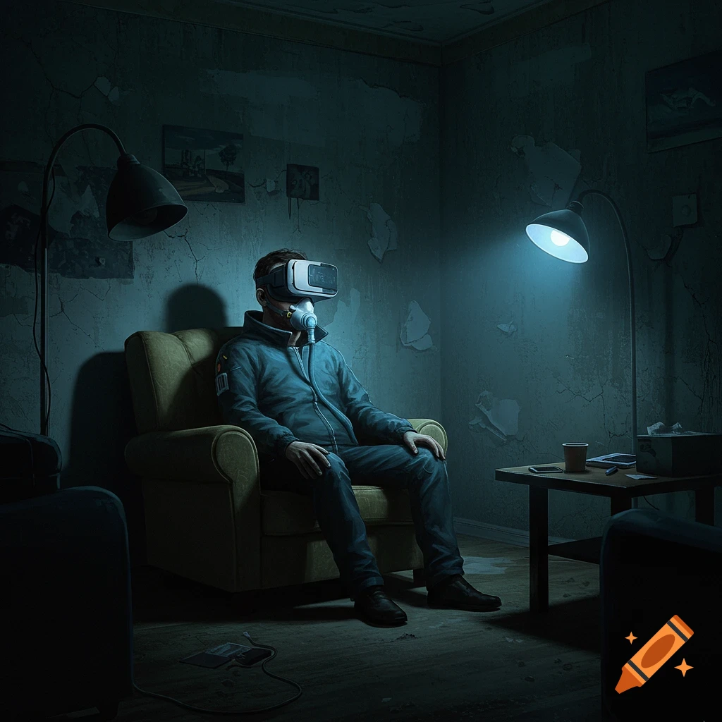 A man is sitting in a dark apartment. He is wearing a VR headset and a mask.