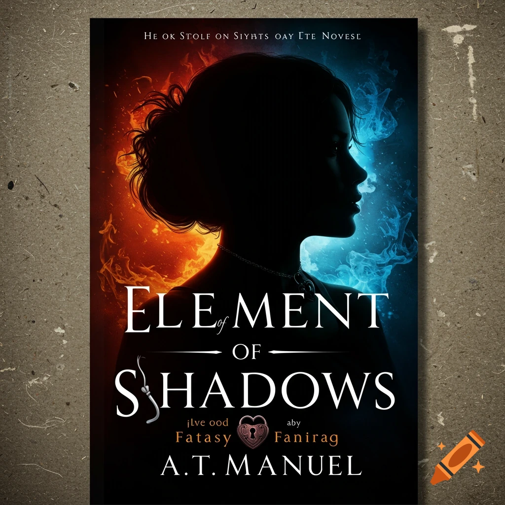 Book cover with a female silhouette backed by orange fire and blue smoke, title "Element of Shadows".