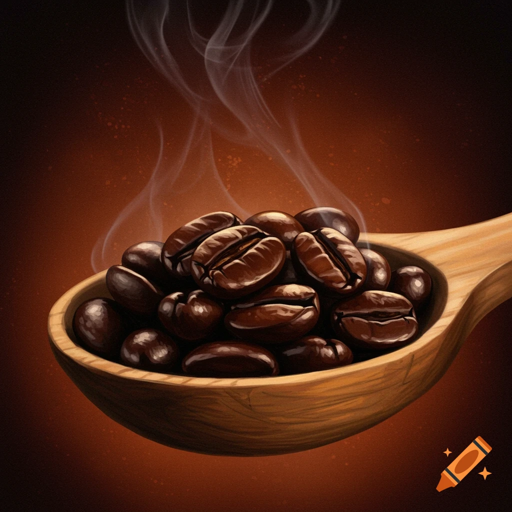 Coffee beans on a wooden spoon with steam
