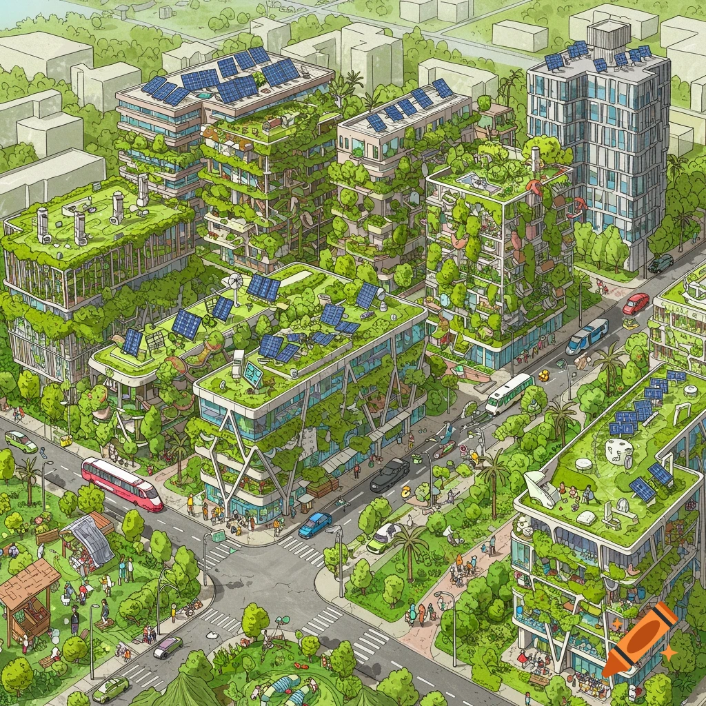 Isometric illustration of a green, sustainable city with buildings covered in vegetation, parks, and people.