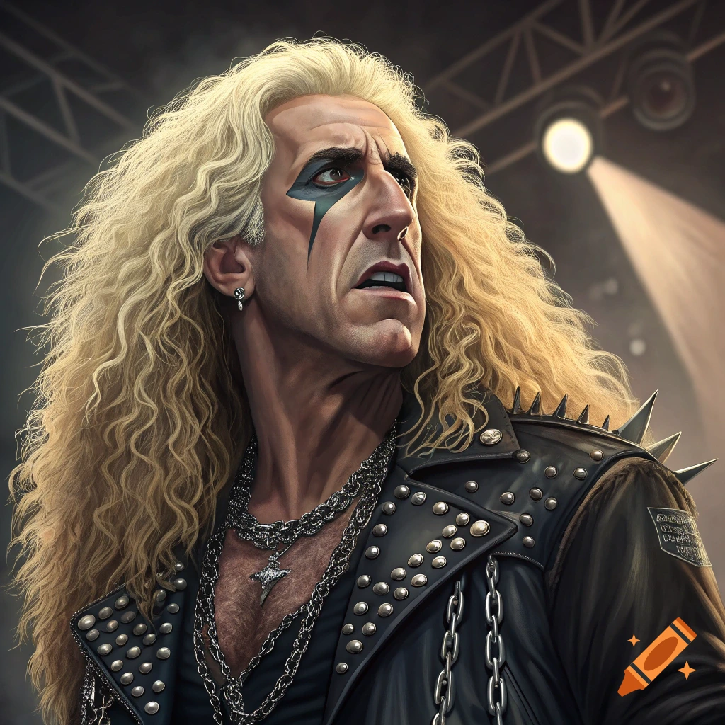 Portrait of a rock musician with long blonde hair, stage makeup, and a studded leather jacket on stage.