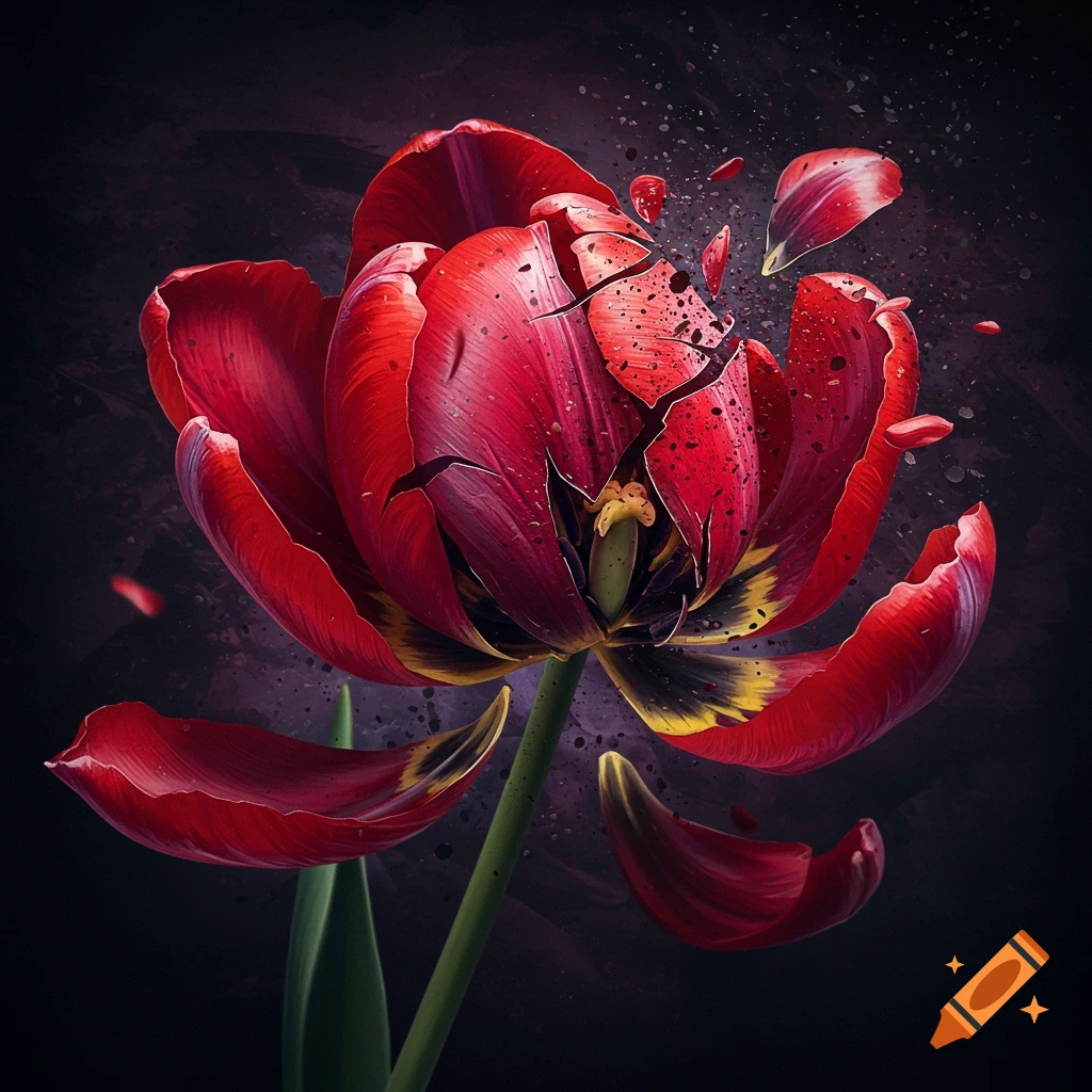 A red tulip shattering with petals and fragments flying