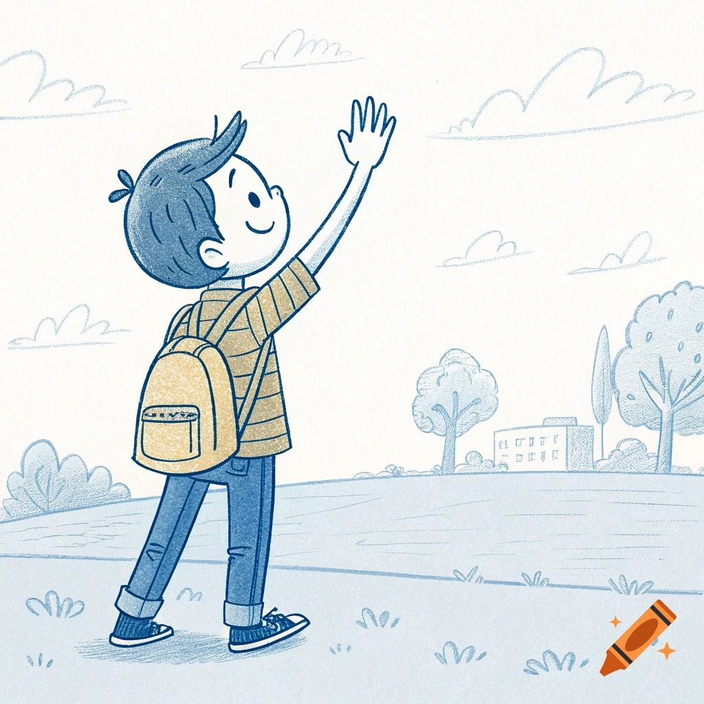 Cartoon of a boy with a backpack waving towards a building.