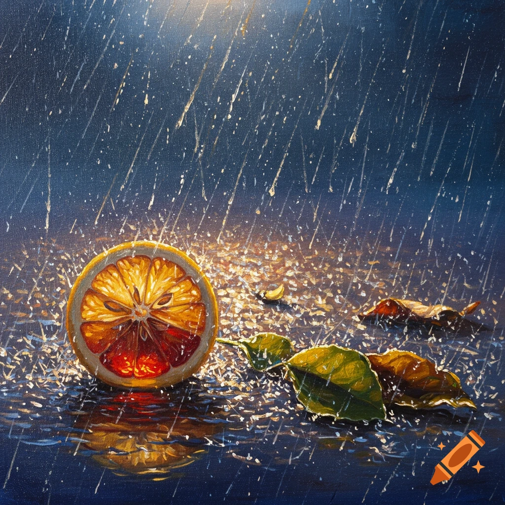 Oil painting of a citrus slice and leaves on a wet surface in the rain.
