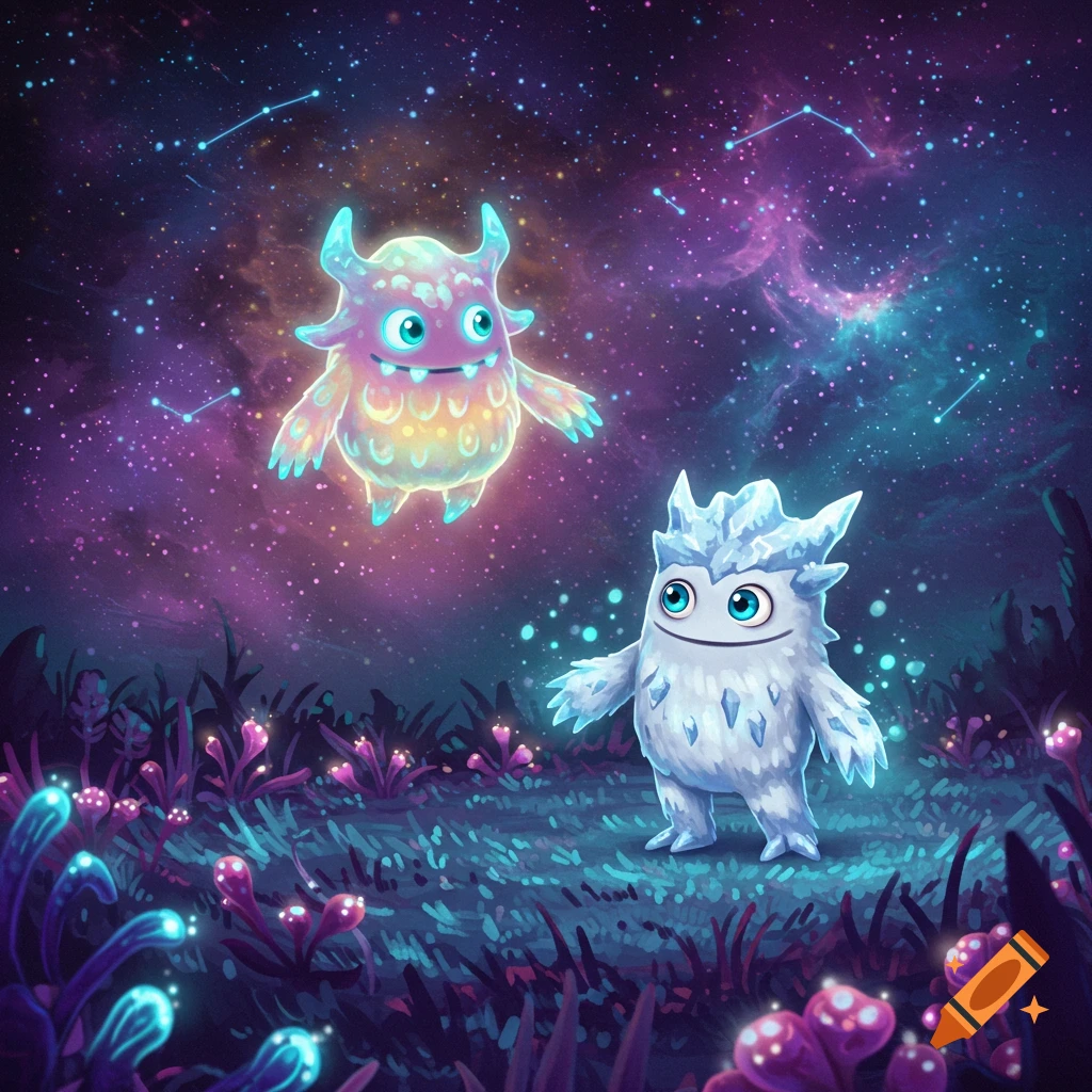 Two colorful cartoon monsters in a vibrant space landscape with glowing plants and stars.
