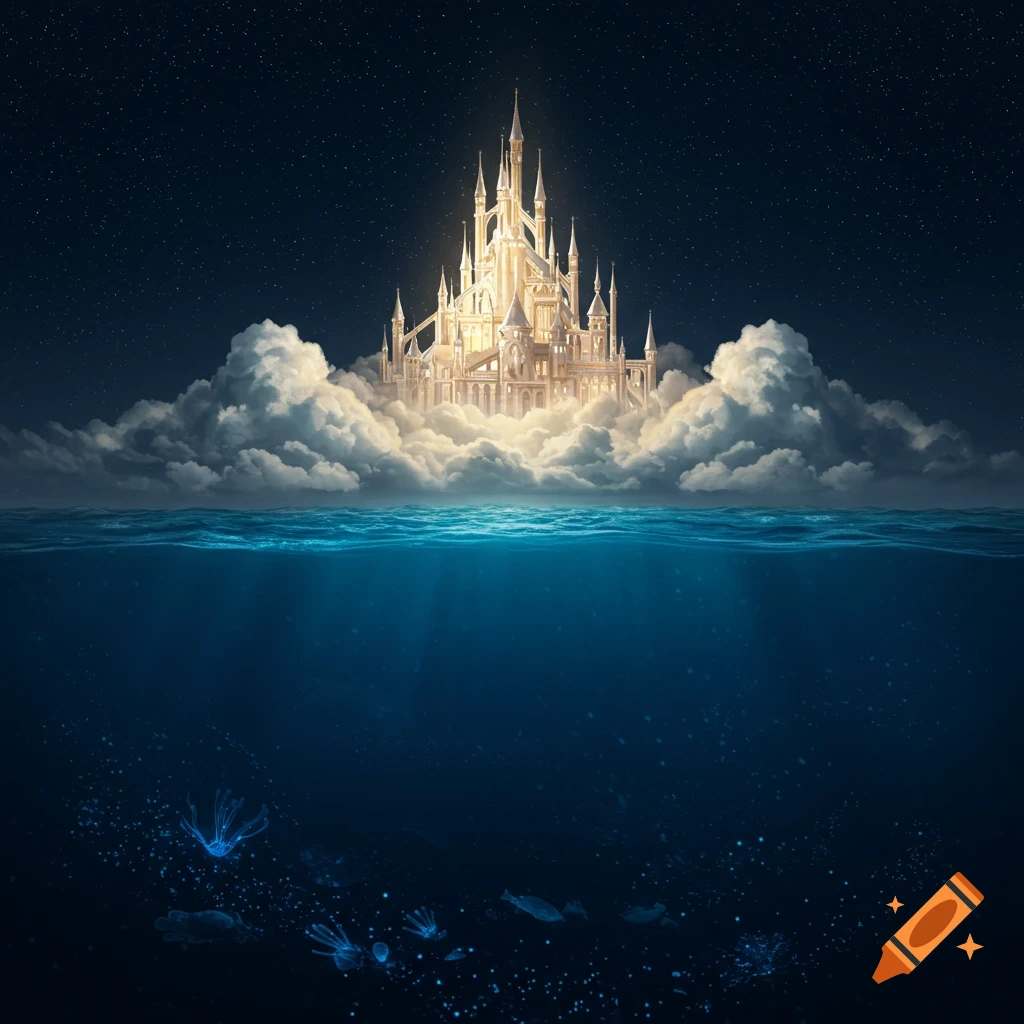 A shining castle on clouds above the ocean at night, with glowing sea creatures underwater.