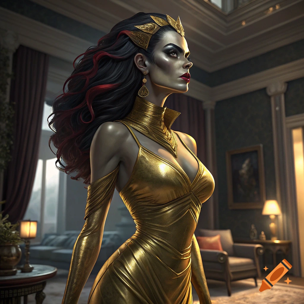 Woman in golden dress and crown in a luxurious room