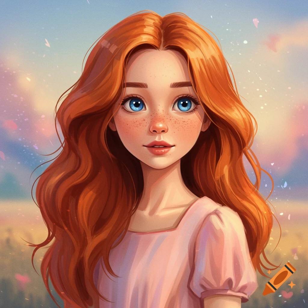 A portrait of a young girl with red hair, blue eyes, and freckles, wearing a pink dress, set against a dreamy background.