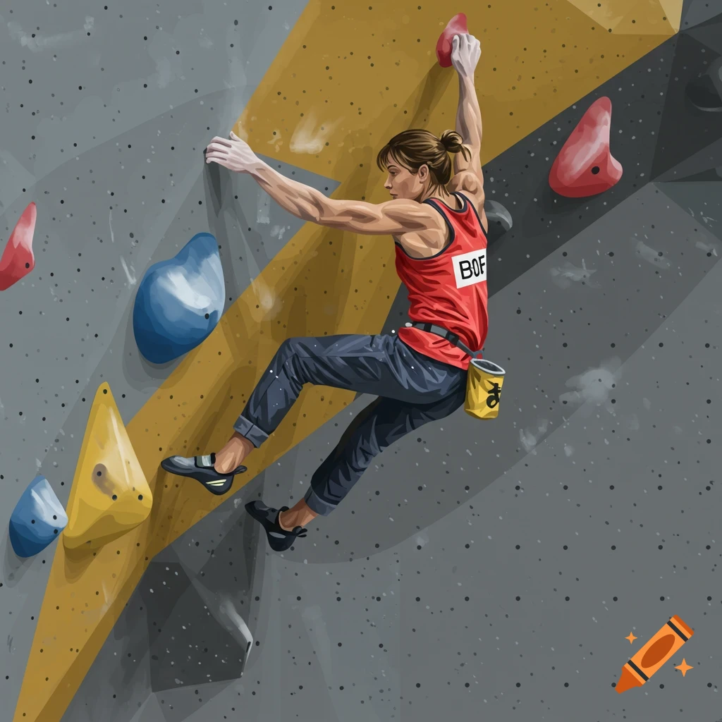 Vector art of a woman bouldering on an indoor climbing wall with colorful holds.