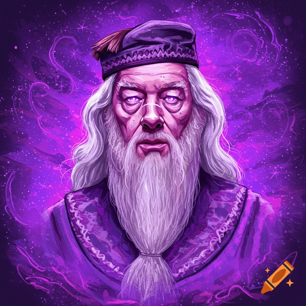 Portrait of an elderly wizard with a long white beard and purple robes against a purple starry background.