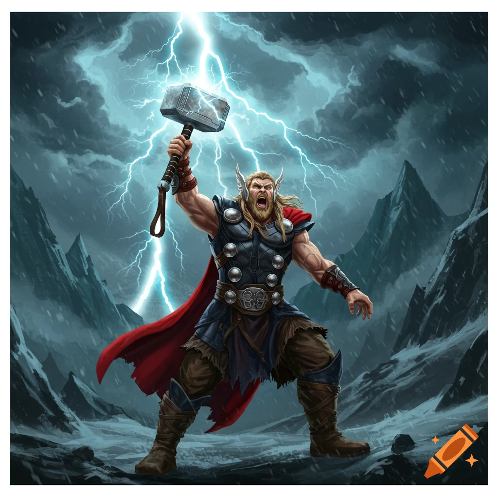 Nordic barbarian Thor summoning lightning in snowy mountains