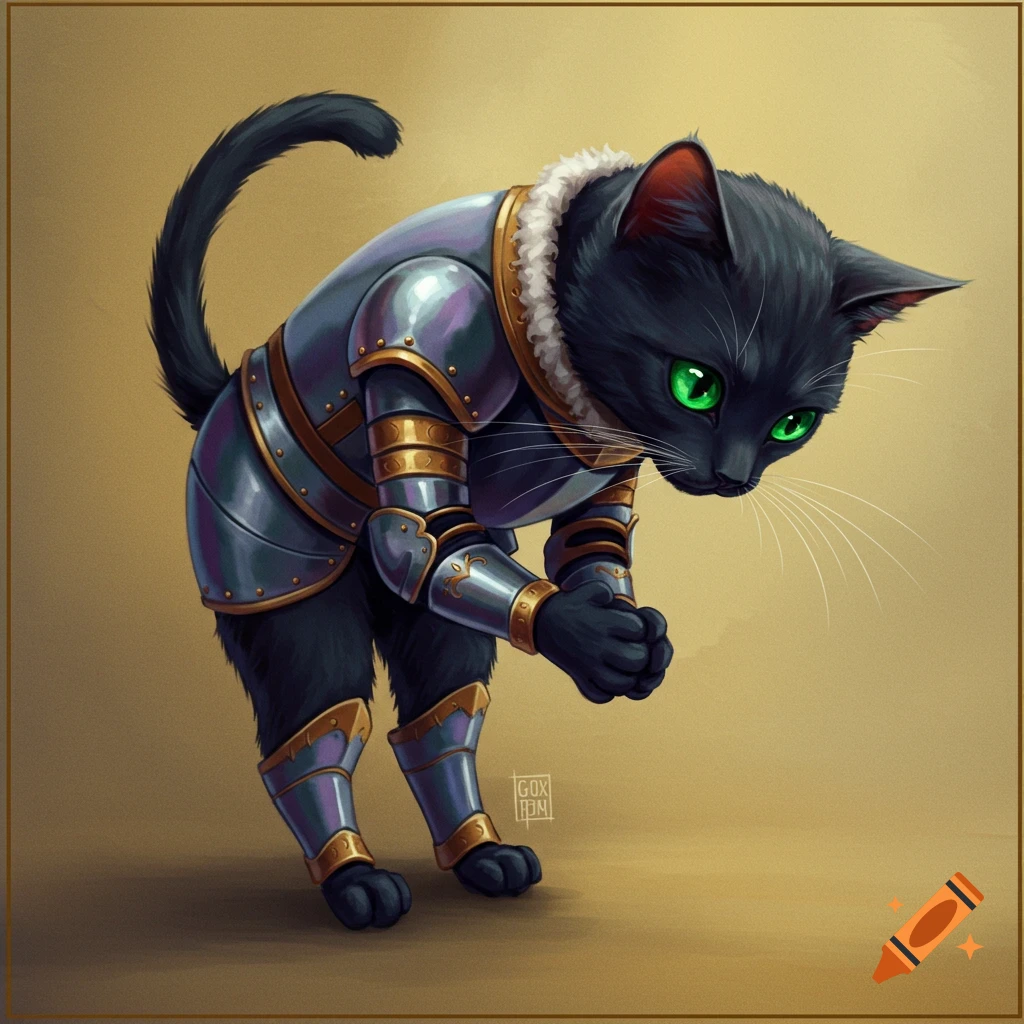 A black cat in knight armor bowing.