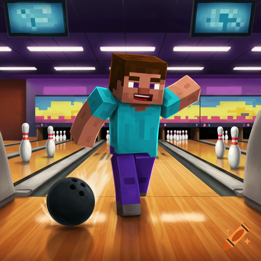 Steve from Minecraft bowling a ball down a lane in a colorful bowling alley.