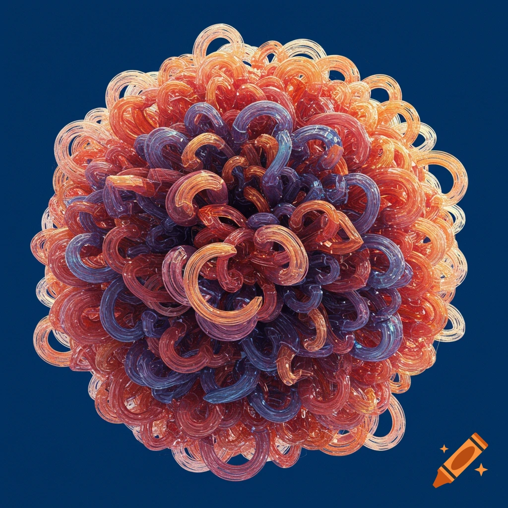 Abstract sphere of translucent orange, red, and blue curved shapes on a dark blue background.