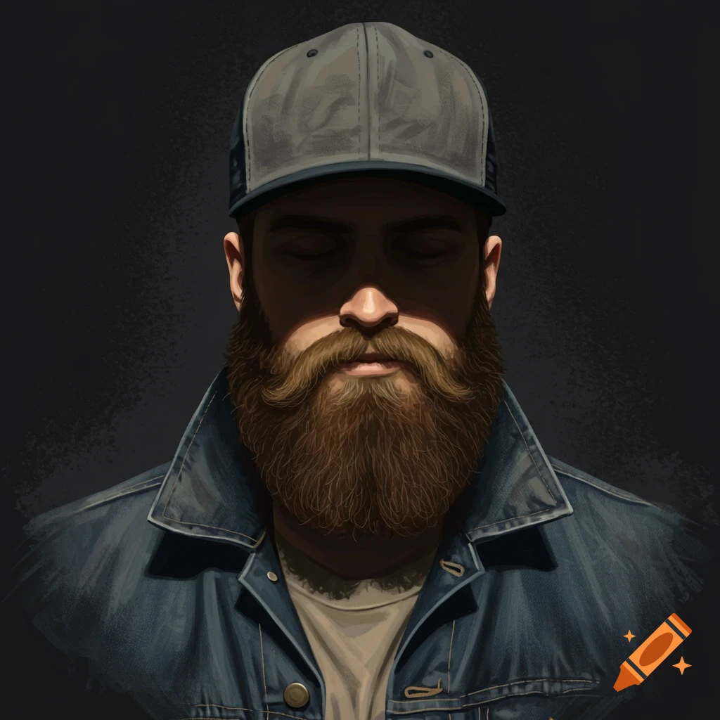 A man with a long brown beard and baseball cap wearing a denim jacket, with light on his face.