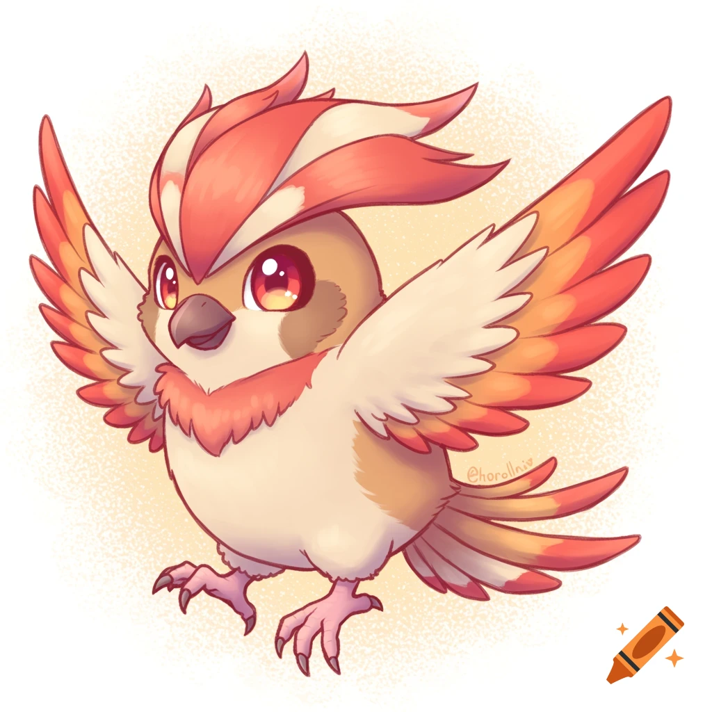 A cute chibi fantasy bird character with orange and red wings and crest, flying.