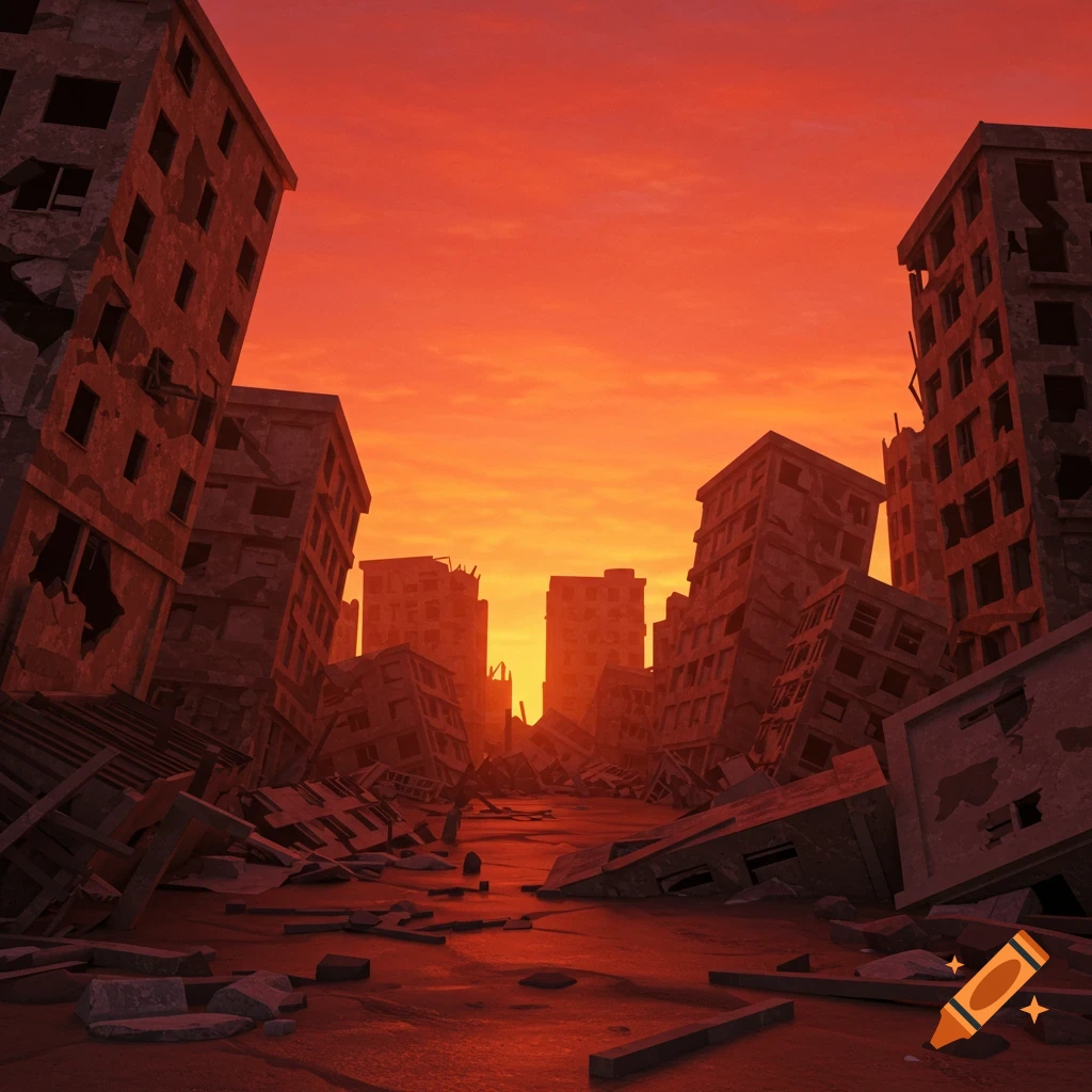 3D anime rendering of an abandoned, ruined city with collapsed buildings under a vibrant orange sky.