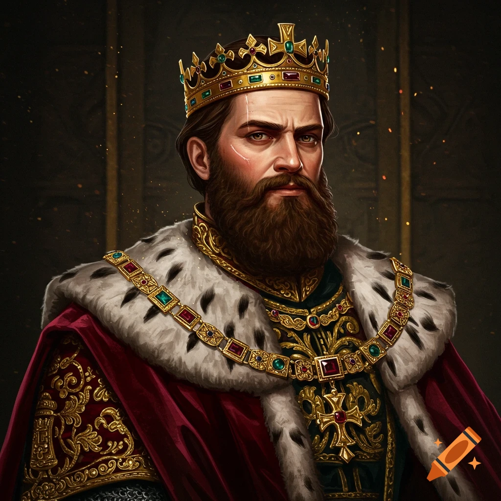 A king in a crown and royal robes