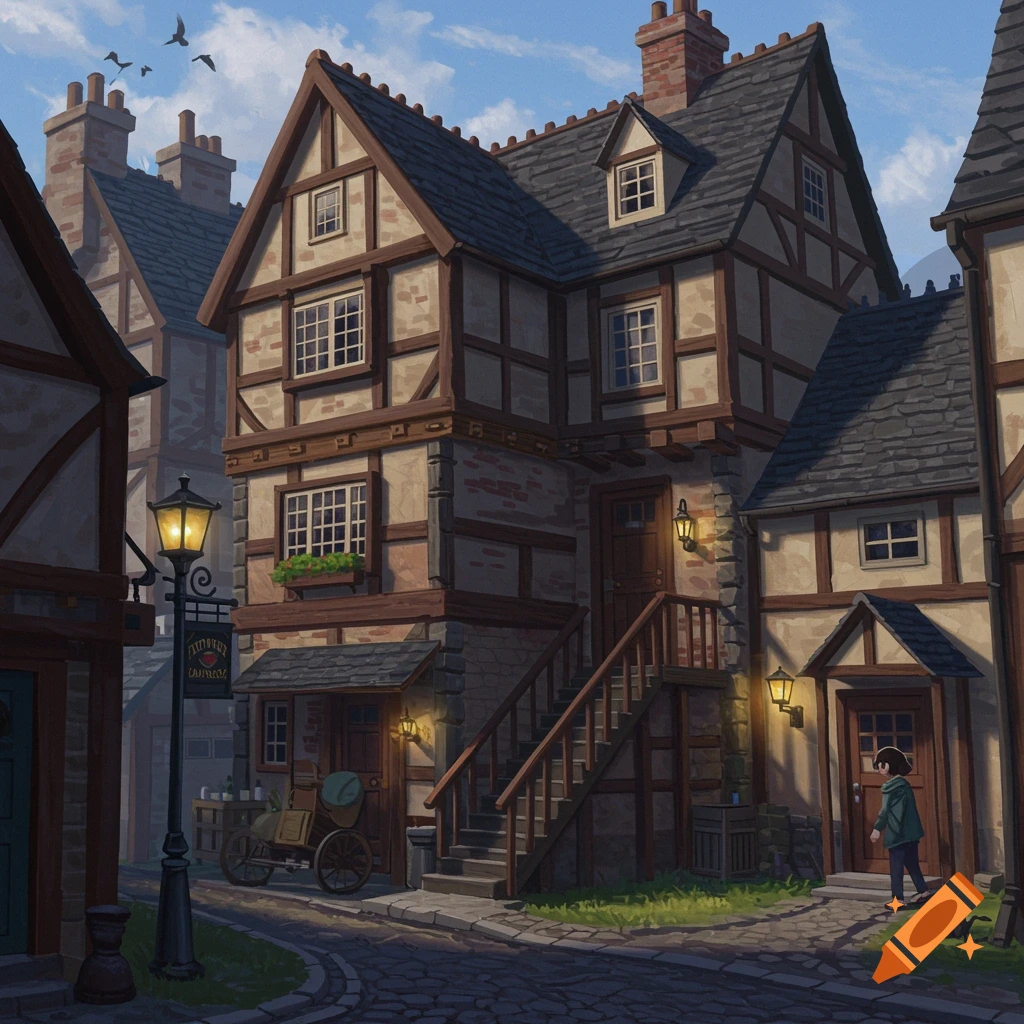 A medieval village street with timber-frame buildings, a lamp post, and a person walking.