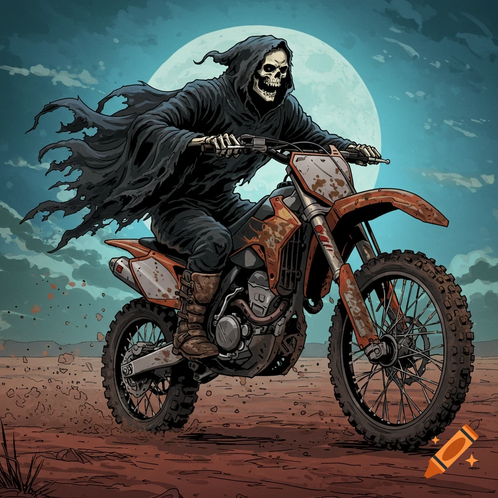 A Grim Reaper rides a dirt bike across a desert under a large moon.