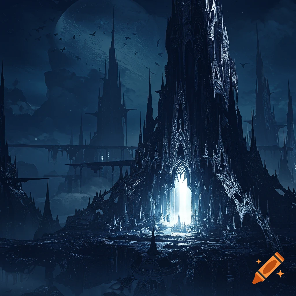Dark fantasy landscape with intricate castle structure under a large moon.