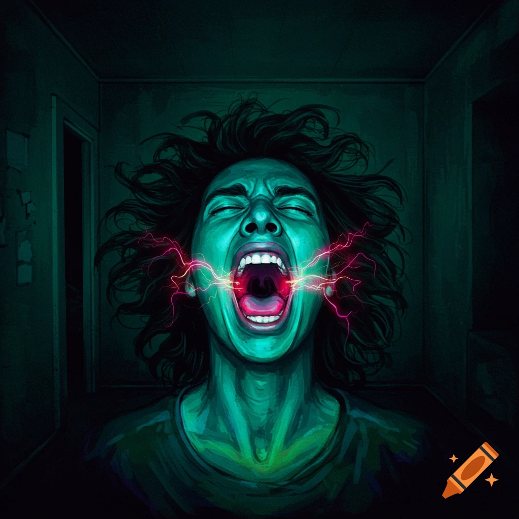A person screaming intensely in a dark room with pink energy emitting from their mouth.