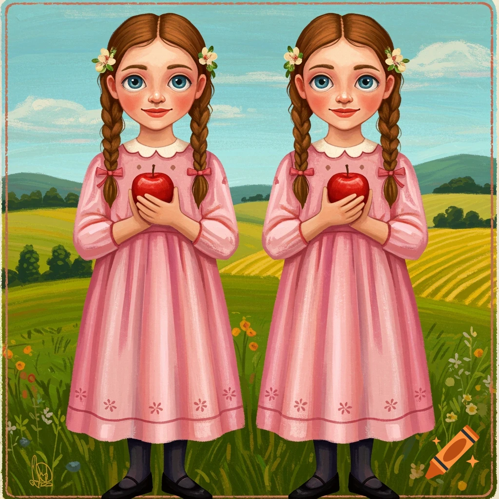 Folk art painting of twin girls in pink dresses holding apples in a field.