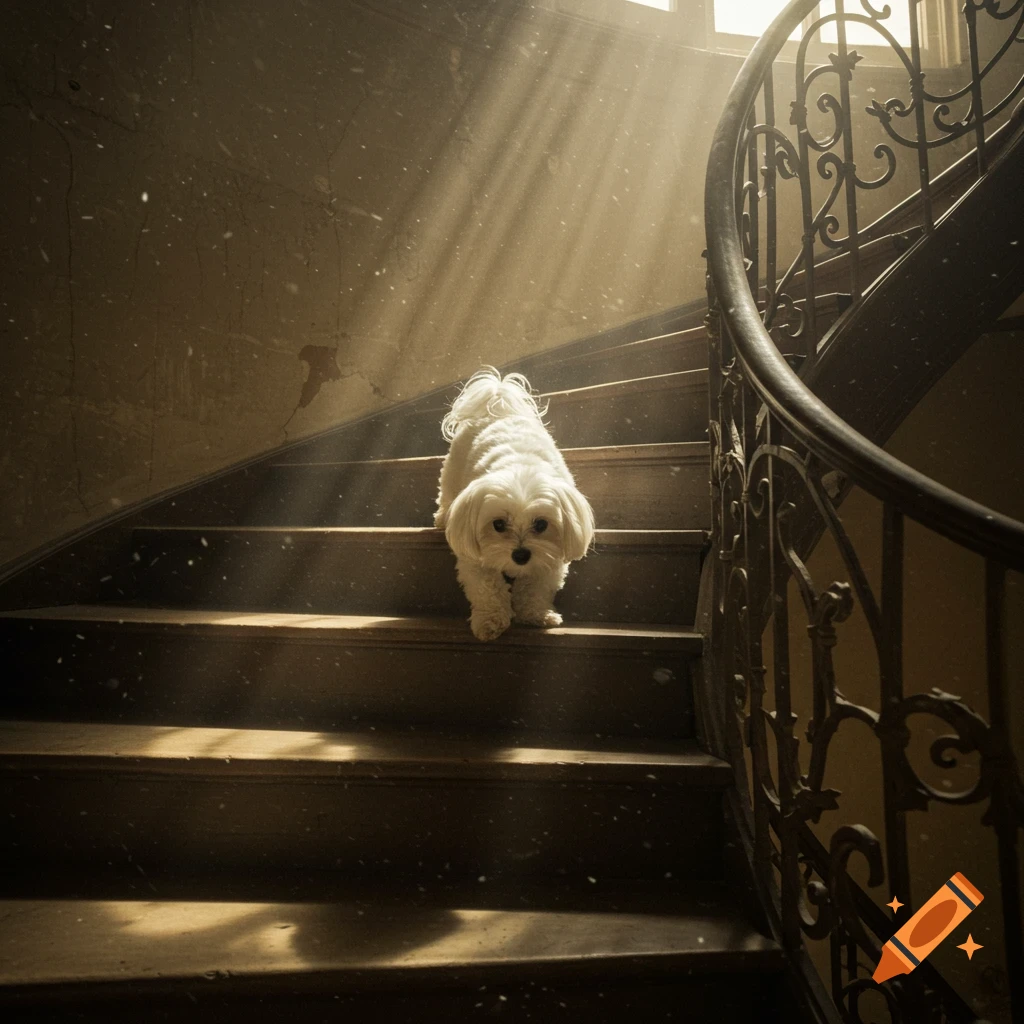 A white Maltese dog walks down a dusty spiral staircase lit by sunlight.