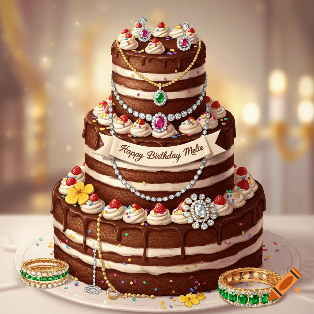 A chocolate birthday cake with jewelry and 'Happy Birthday Melie' banner.