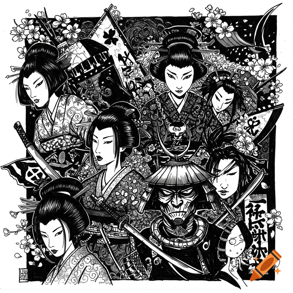Black and white ink drawing of Japanese women and a masked samurai surrounded by cherry blossoms and banners.