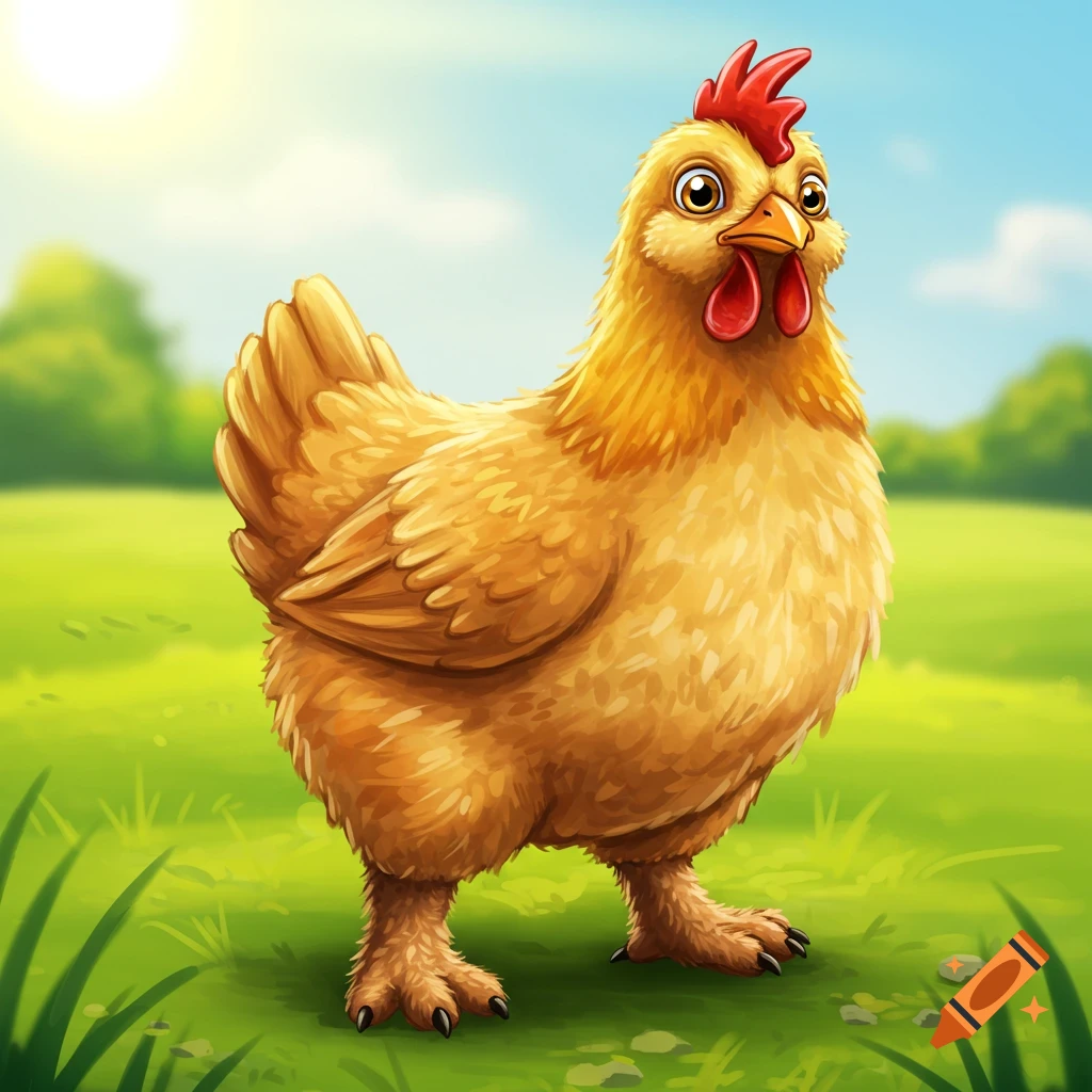 A cartoon chicken with dog feet stands in a sunny green field.