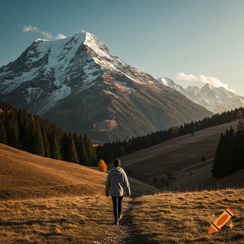 A person walks on a path through a valley towards a large snowy mountain.