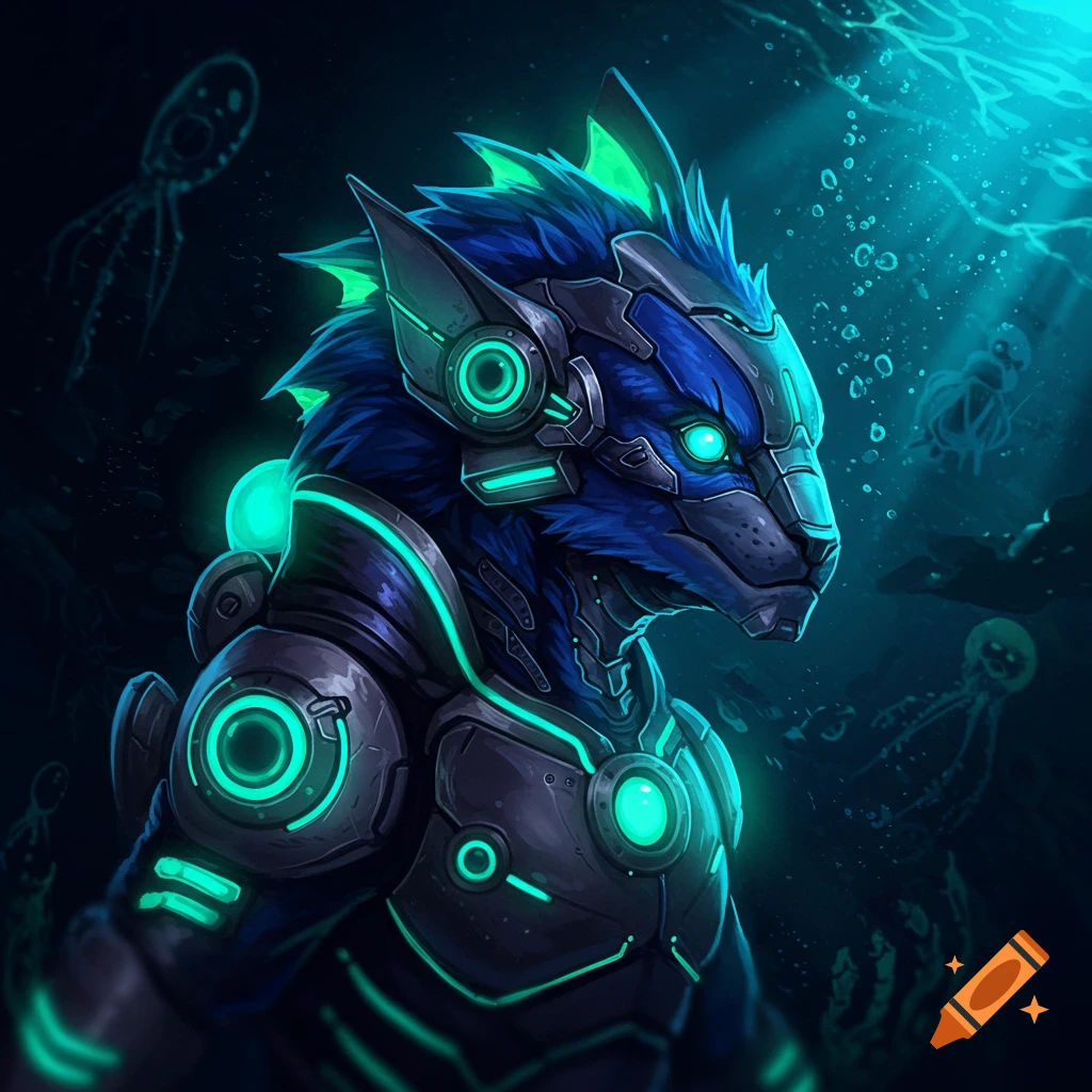 A blue cyborg creature underwater with glowing lights and jellyfish