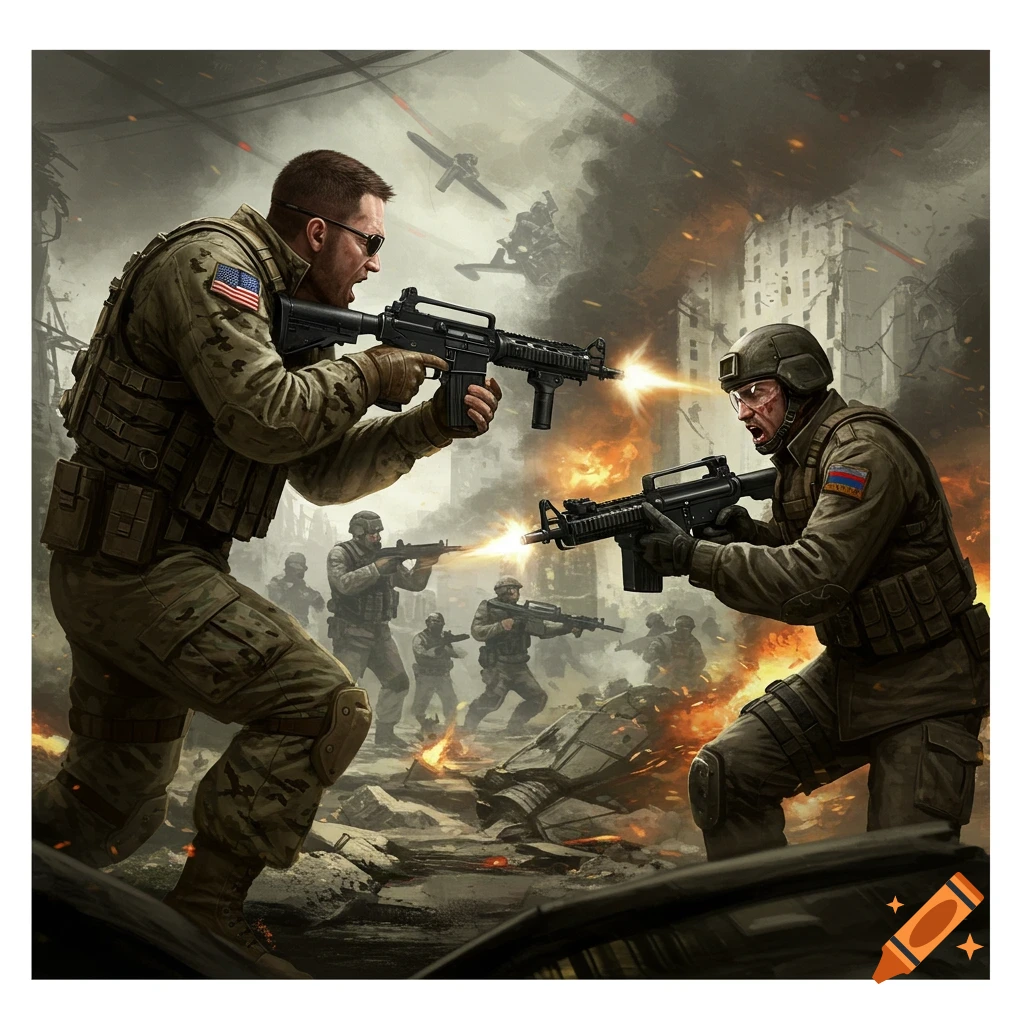 Soldiers in combat in a ruined city.