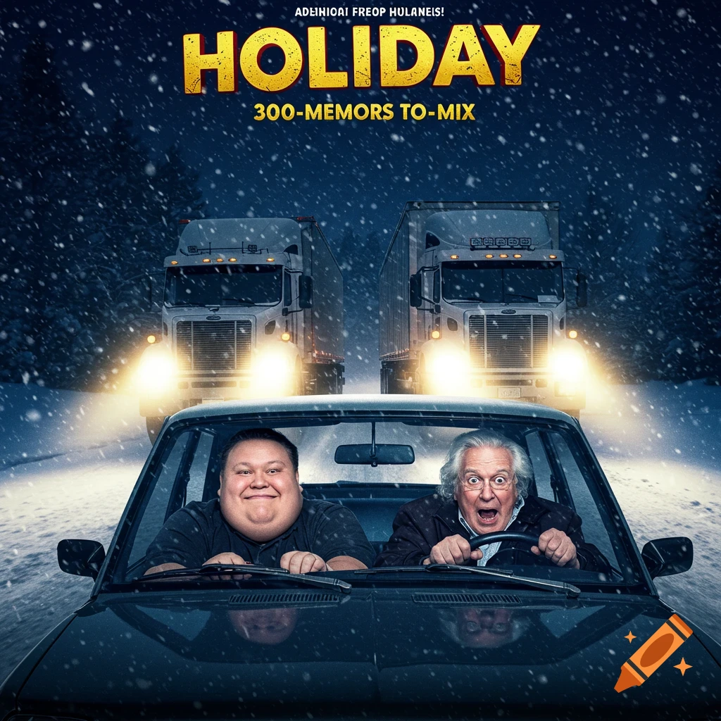 Cinematic movie poster of two men in a car driving through a snowy night with two large semi-trucks ahead. Text reads "HOLIDAY".