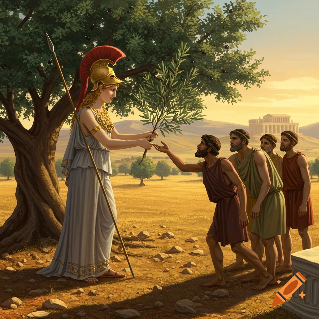 The goddess Athena in armor offering an olive branch to men in ancient Greek attire.