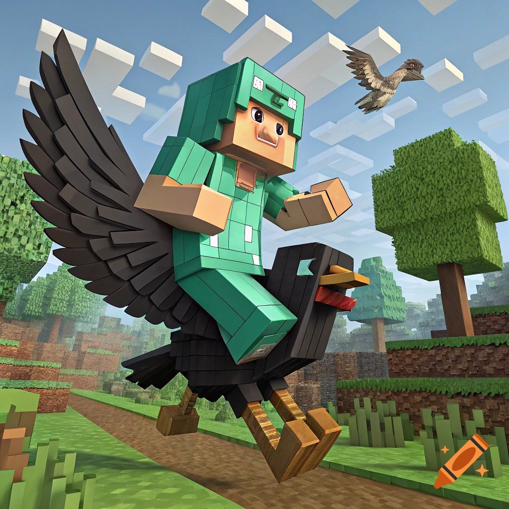 A blocky Minecraft chicken jockey riding a large spider in a pixelated ...