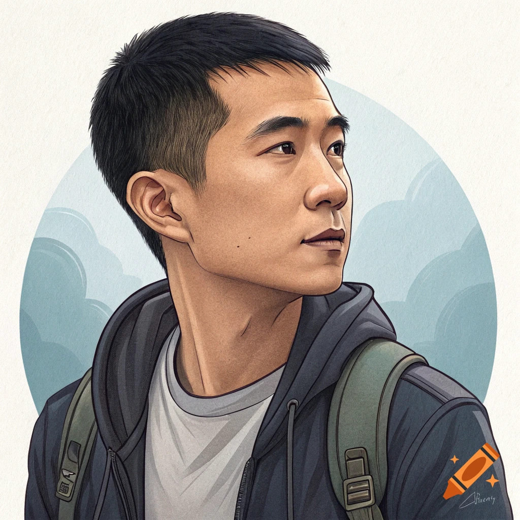 Illustration of an asian man with short hair and a backpack looking to the side.