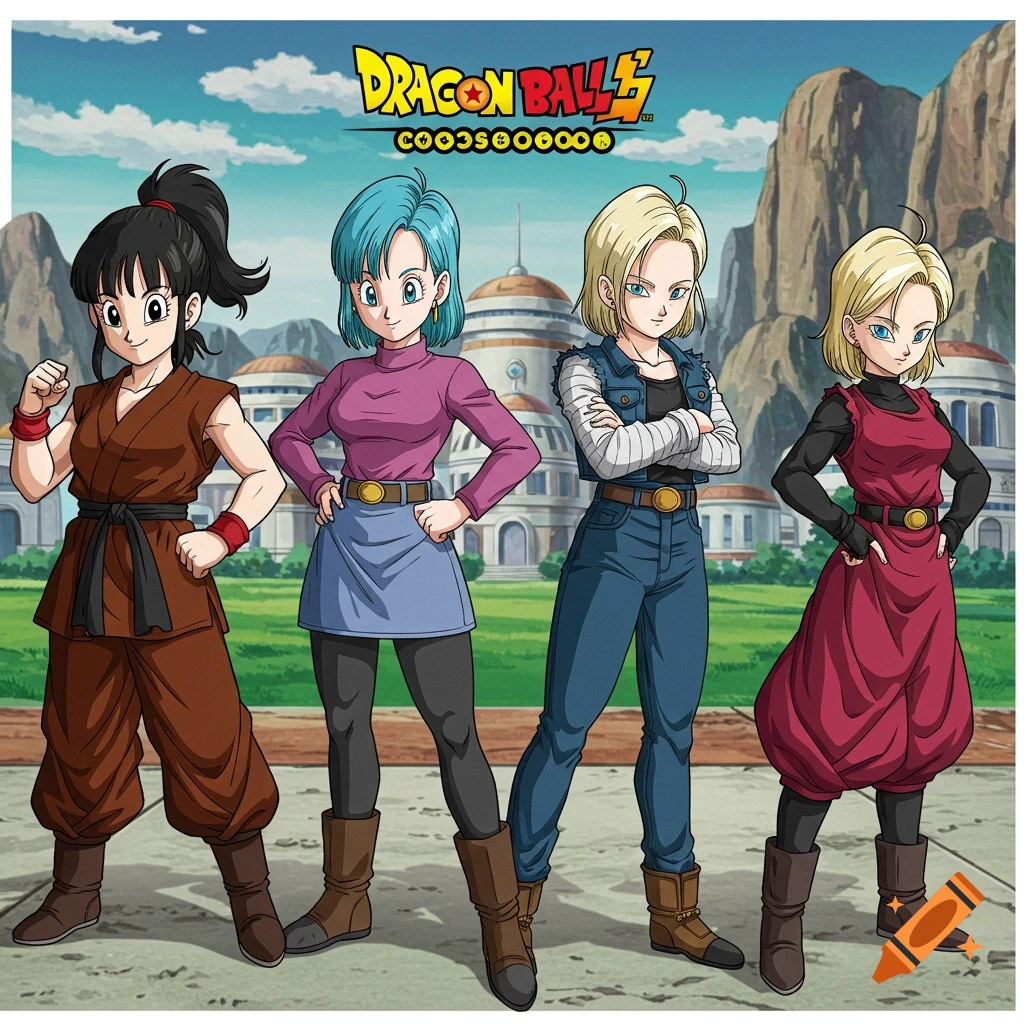 Anime illustration of Chichi, Bulma, Android 18, and Videl standing outside a building.