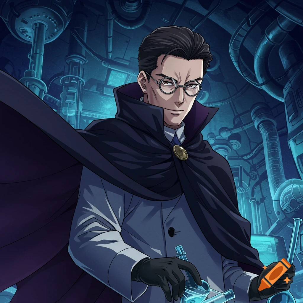 Anime-style portrait of a scientist with glasses and a cape holding beakers in a lab.