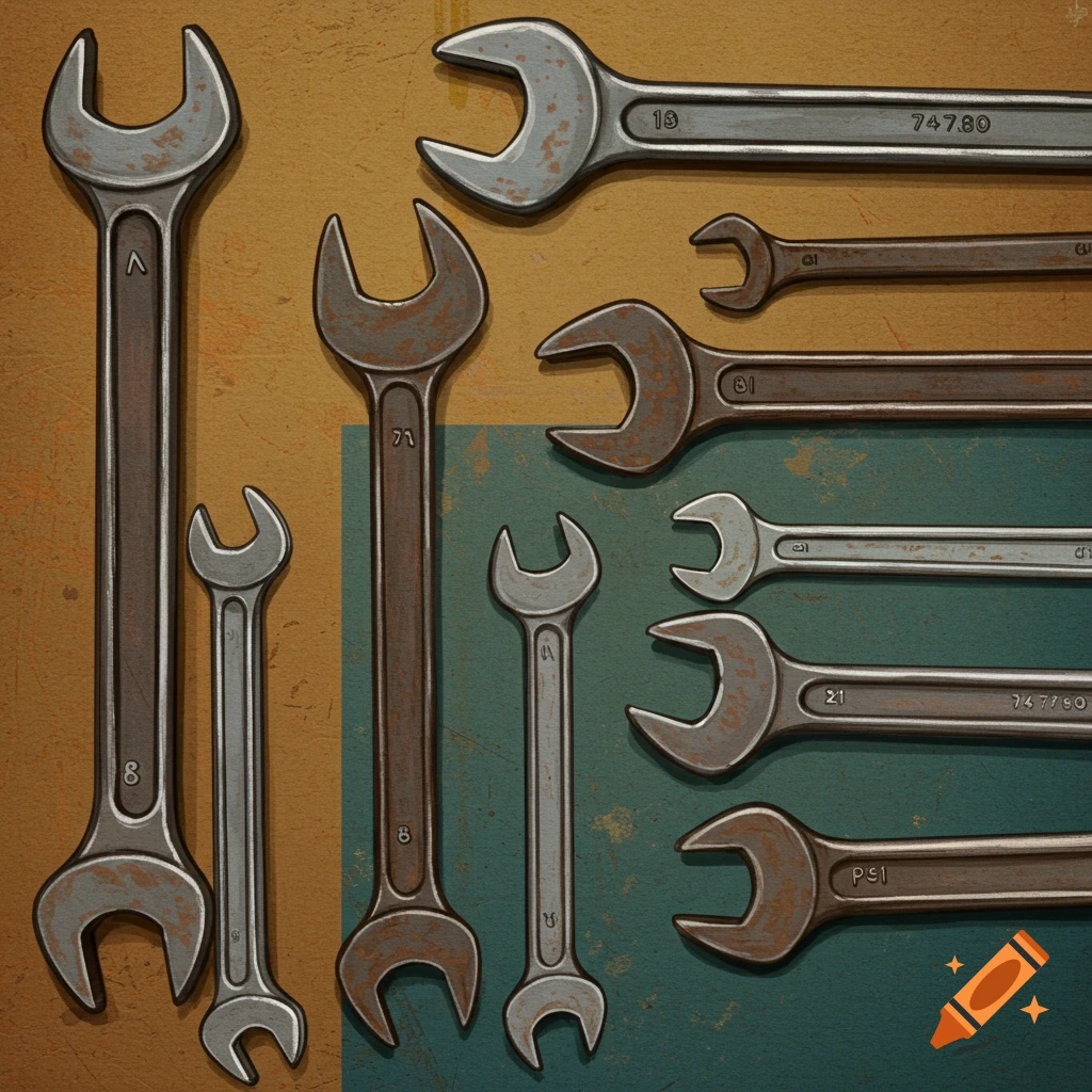 Multiple wrenches are arranged on a vintage background.