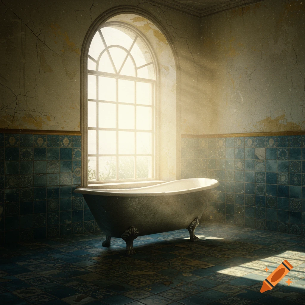 A vintage clawfoot bathtub sits in a dusty room with peeling paint and tiled walls, bathed in sunlight streaming through a large arched window.