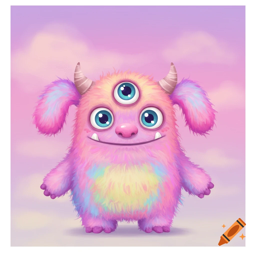Cute pink and purple furry monster with three eyes, two horns, and big smile.