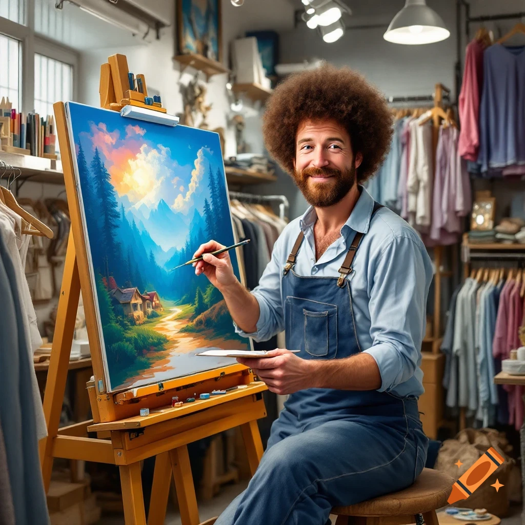 Man resembling Bob Ross paints a vibrant landscape on an easel in a busy clothing store, holding a brush and palette.