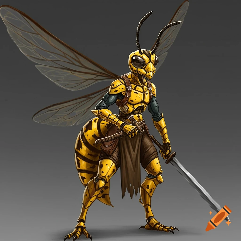 A standing wasp human holding a sword.
