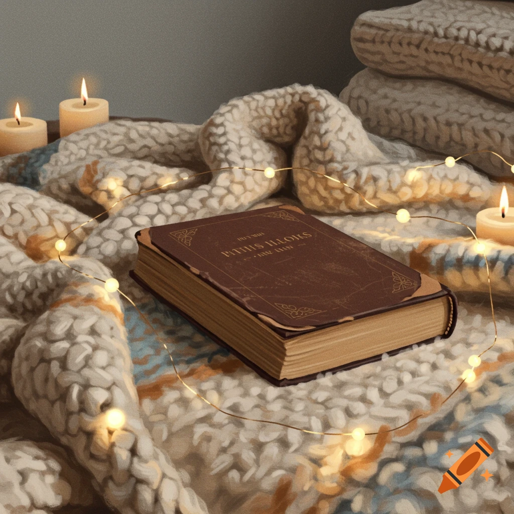 A book rests on a cozy blanket, illuminated by the warm glow of candles and string lights.