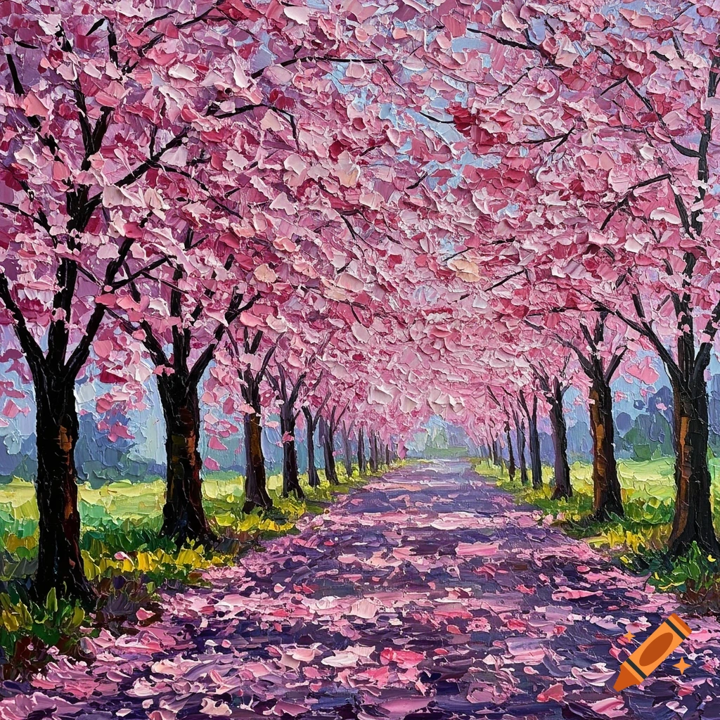 Impasto oil painting of a road lined with pink cherry blossom trees, petals covering the ground.