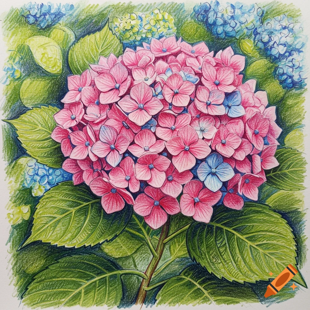 A colored pencil drawing of a pink and blue hydrangea.